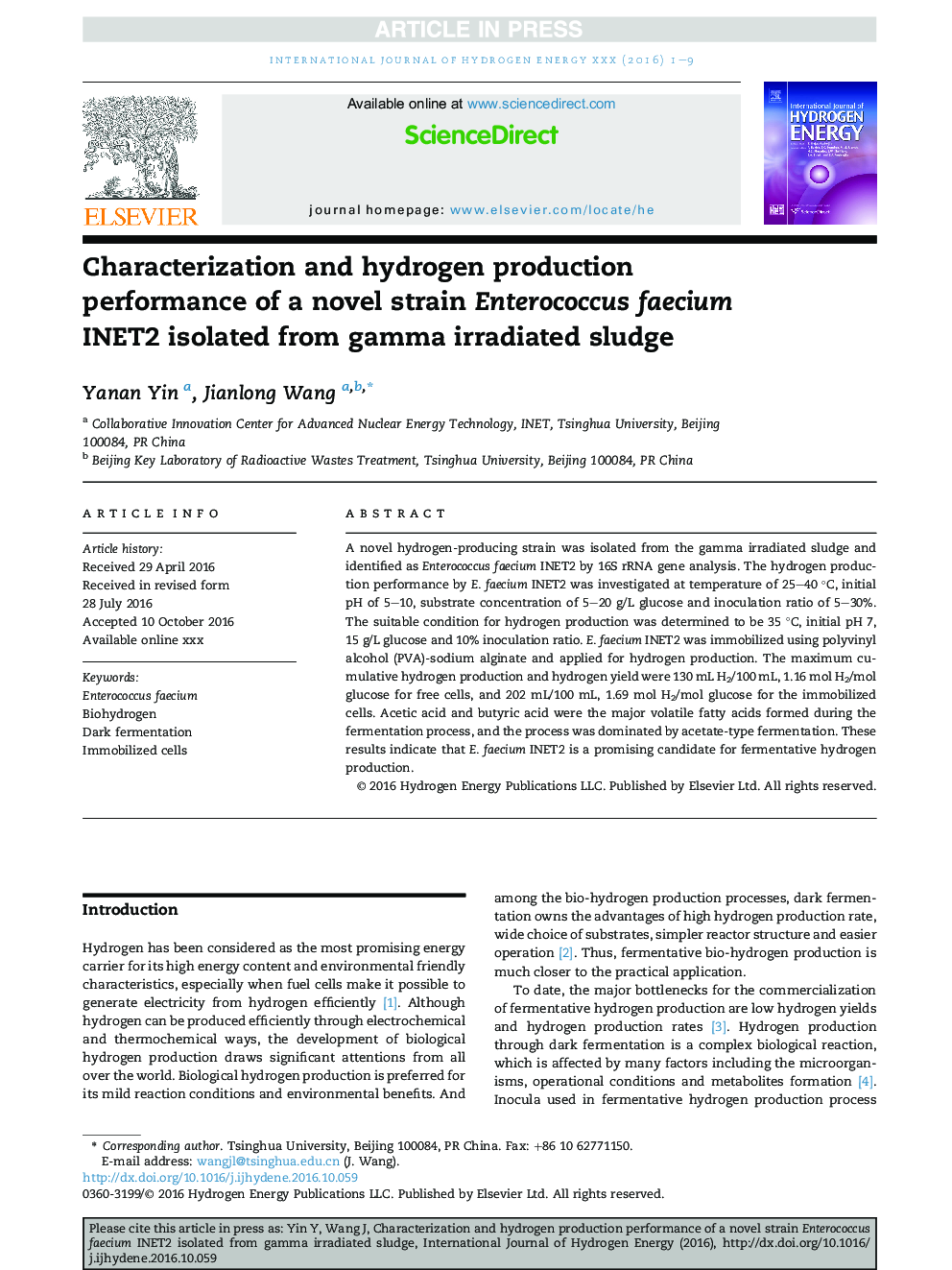 Characterization and hydrogen production performance of a novel strain Enterococcus faecium INET2 isolated from gamma irradiated sludge