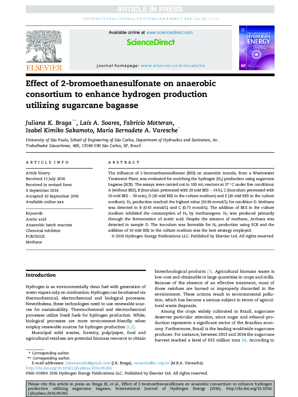 Effect of 2-bromoethanesulfonate on anaerobic consortium to enhance hydrogen production utilizing sugarcane bagasse