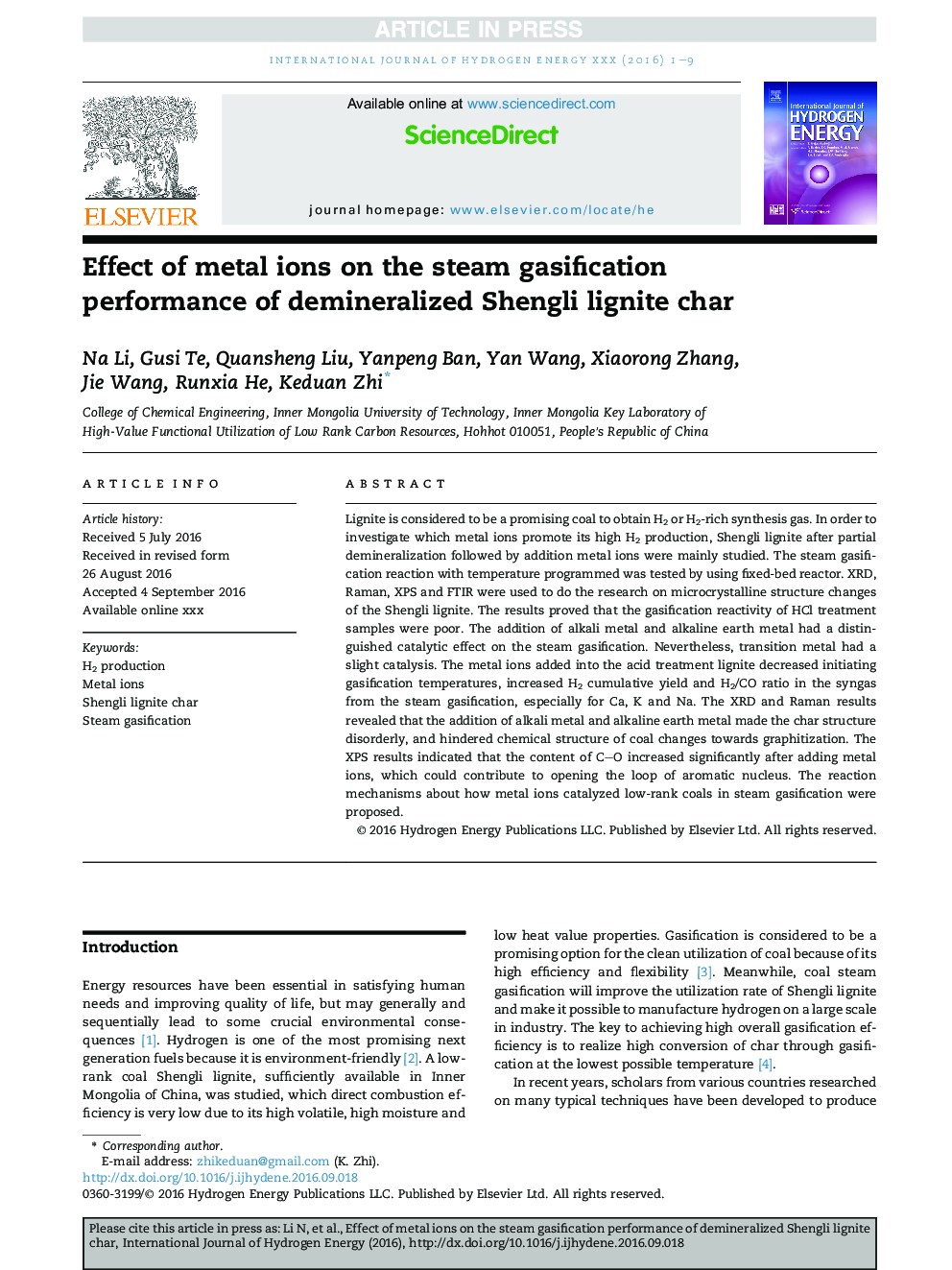 Effect of metal ions on the steam gasification performance of demineralized Shengli lignite char