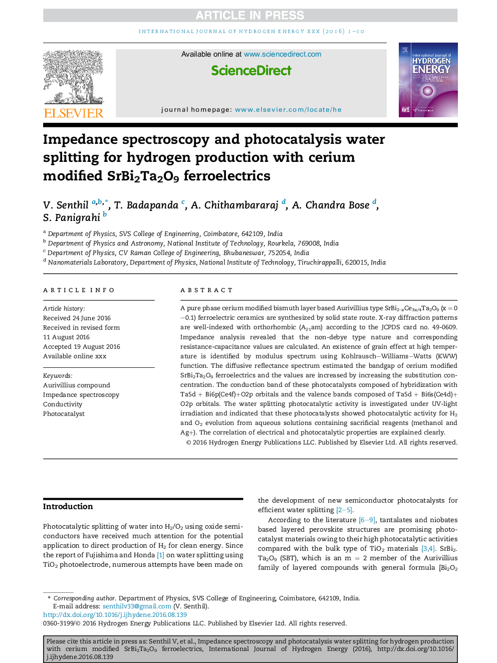 Impedance spectroscopy and photocatalysis water splitting for hydrogen production with cerium modified SrBi2Ta2O9 ferroelectrics