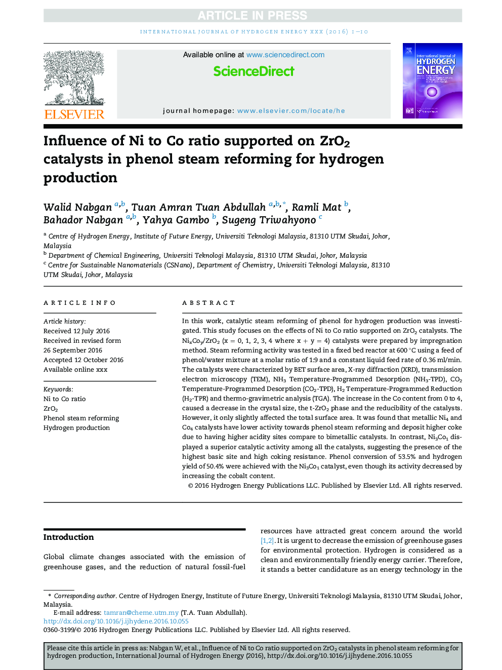 Influence of Ni to Co ratio supported on ZrO2 catalysts in phenol steam reforming for hydrogen production