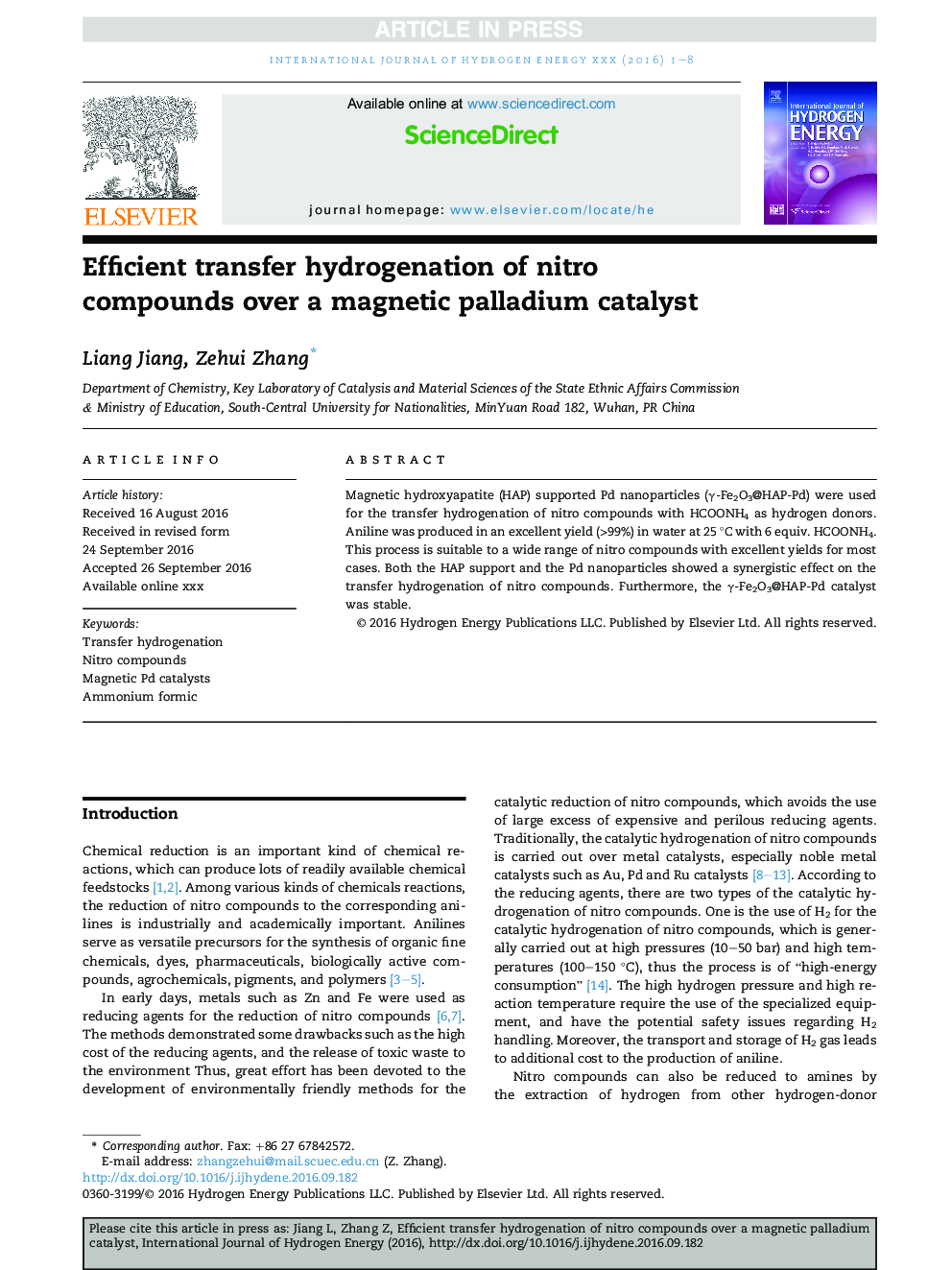 انتقال هیدروژناسیون کارآمد ترکیبات نیترو بر یک کاتالیزور پالادیوم مغناطیسی 
