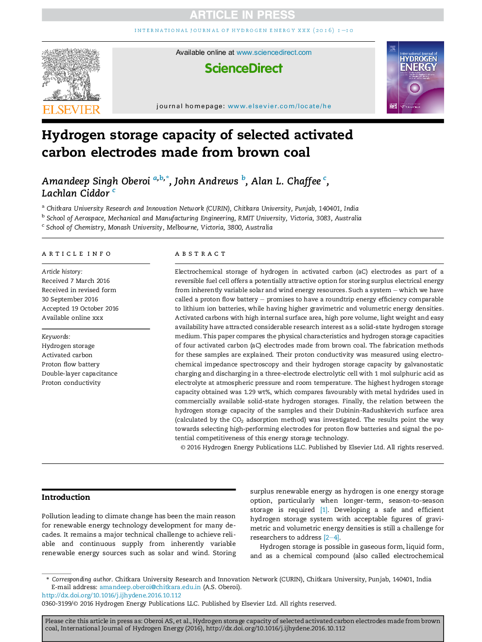 Hydrogen storage capacity of selected activated carbon electrodes made from brown coal