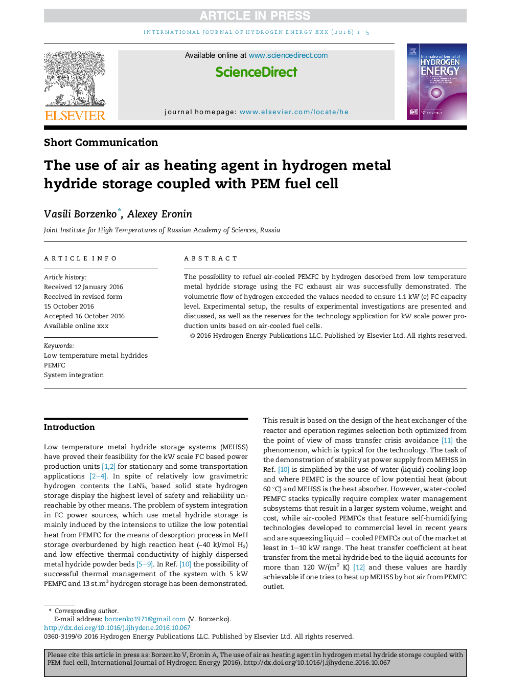 The use of air as heating agent in hydrogen metal hydride storage coupled with PEM fuel cell