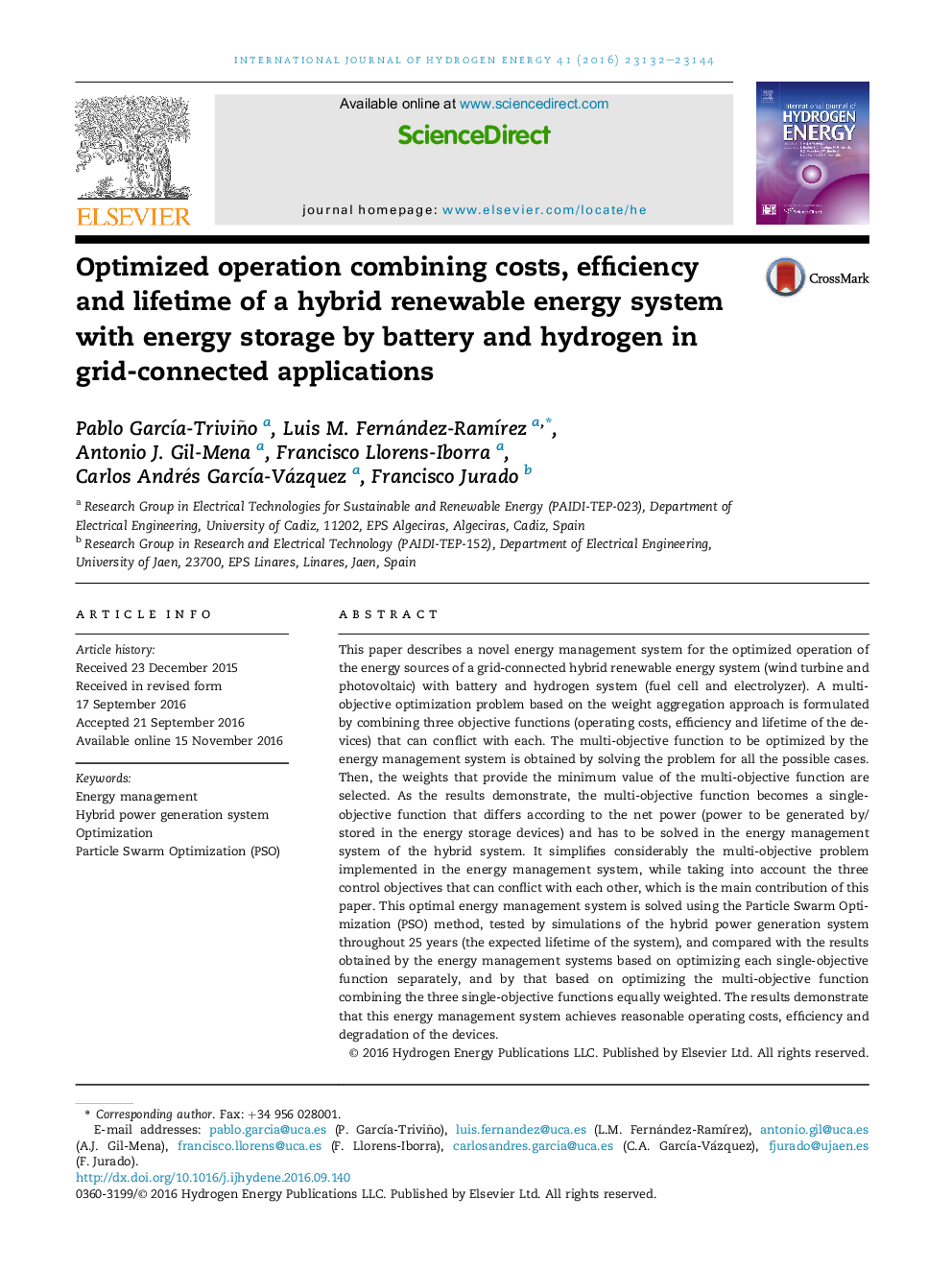 Optimized operation combining costs, efficiency and lifetime of a hybrid renewable energy system with energy storage by battery and hydrogen in grid-connected applications