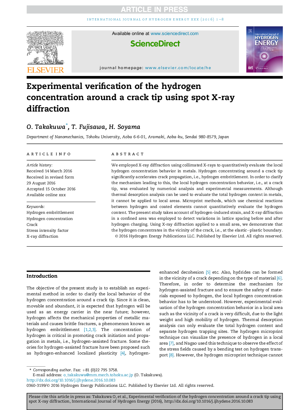 Experimental verification of the hydrogen concentration around a crack tip using spot X-ray diffraction