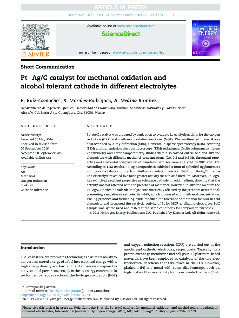 Pt-Ag/C catalyst for methanol oxidation and alcohol tolerant cathode in different electrolytes