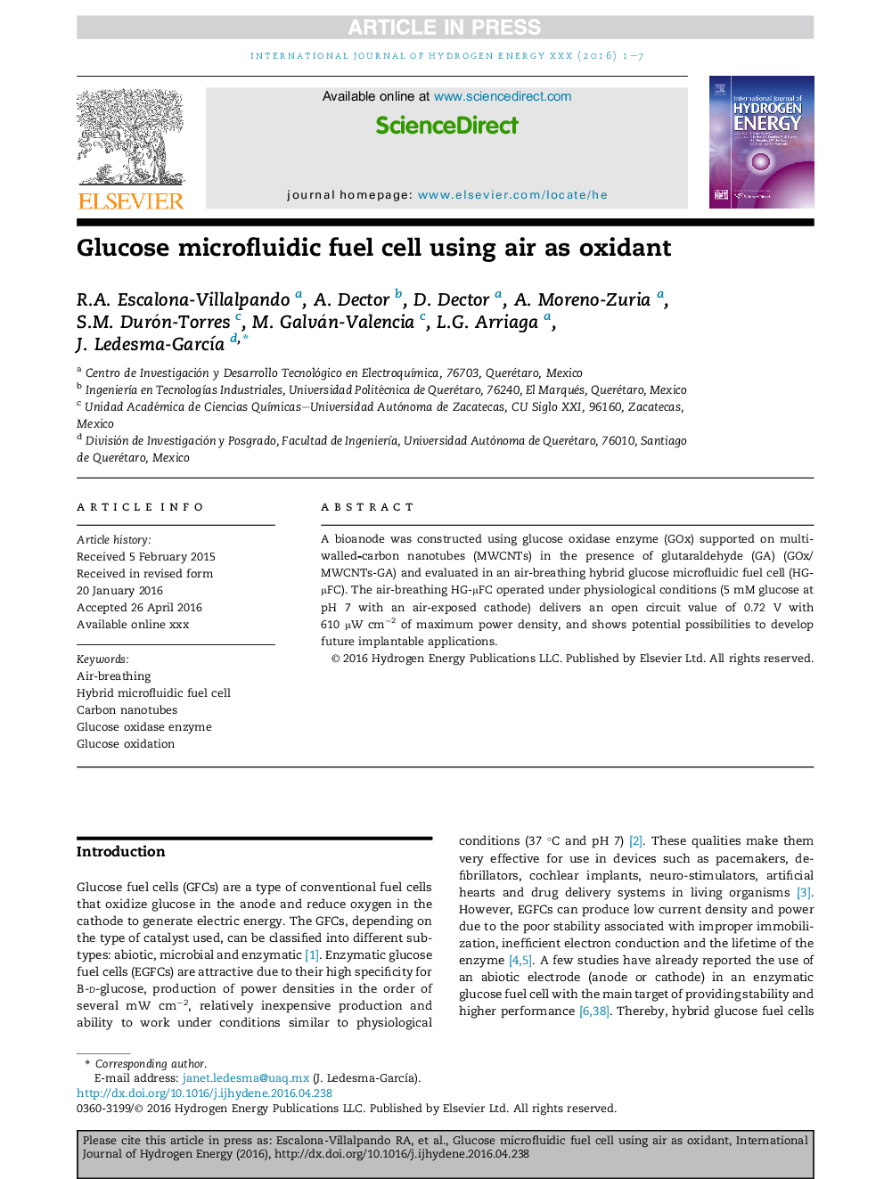 Glucose microfluidic fuel cell using air as oxidant