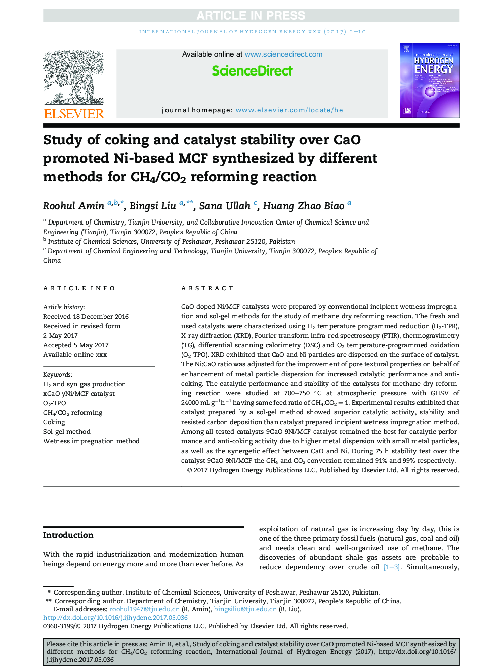 Study of coking and catalyst stability over CaO promoted Ni-based MCF synthesized by different methods for CH4/CO2 reforming reaction