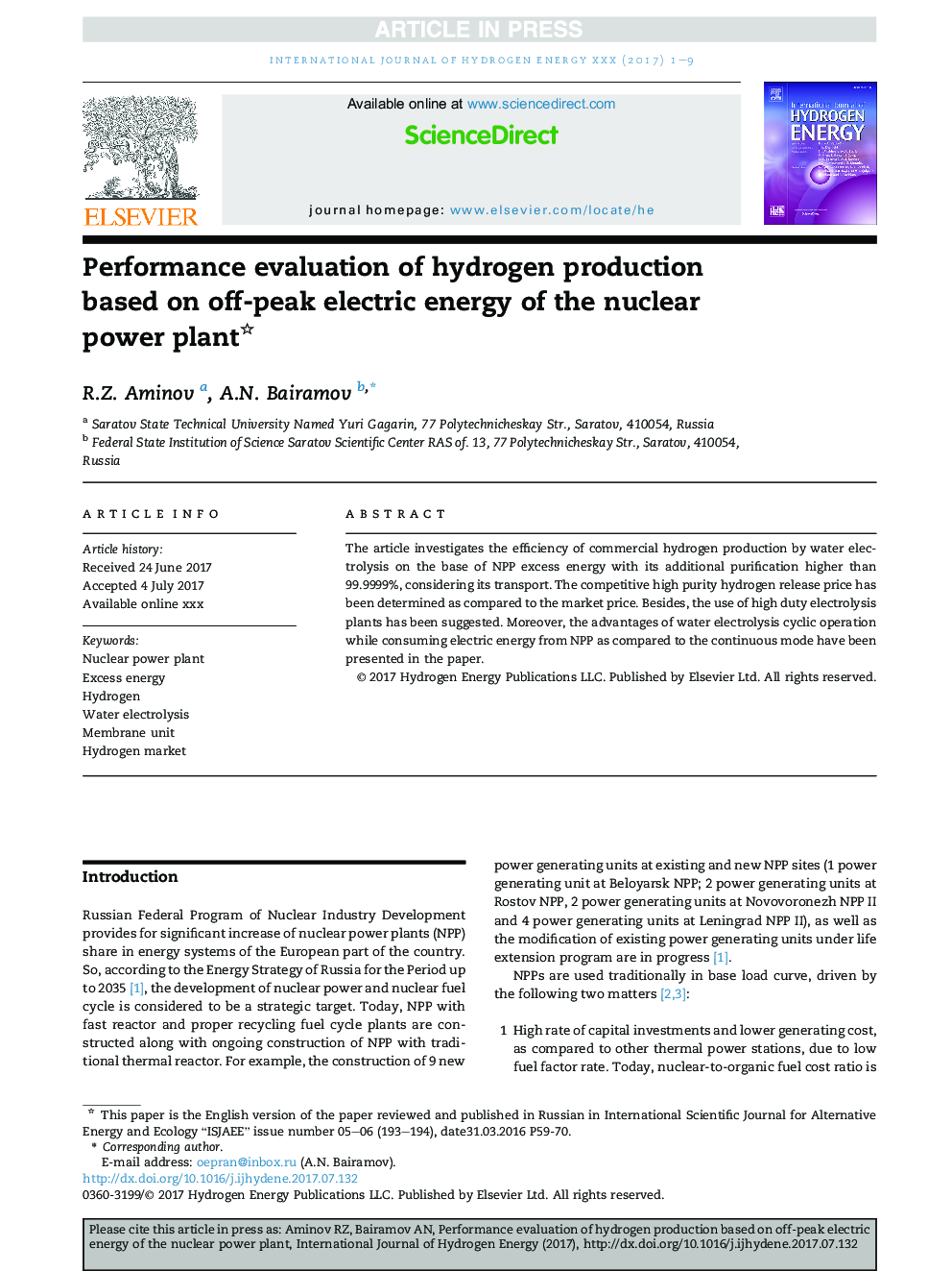 Performance evaluation of hydrogen production based on off-peak electric energy of the nuclear power plant