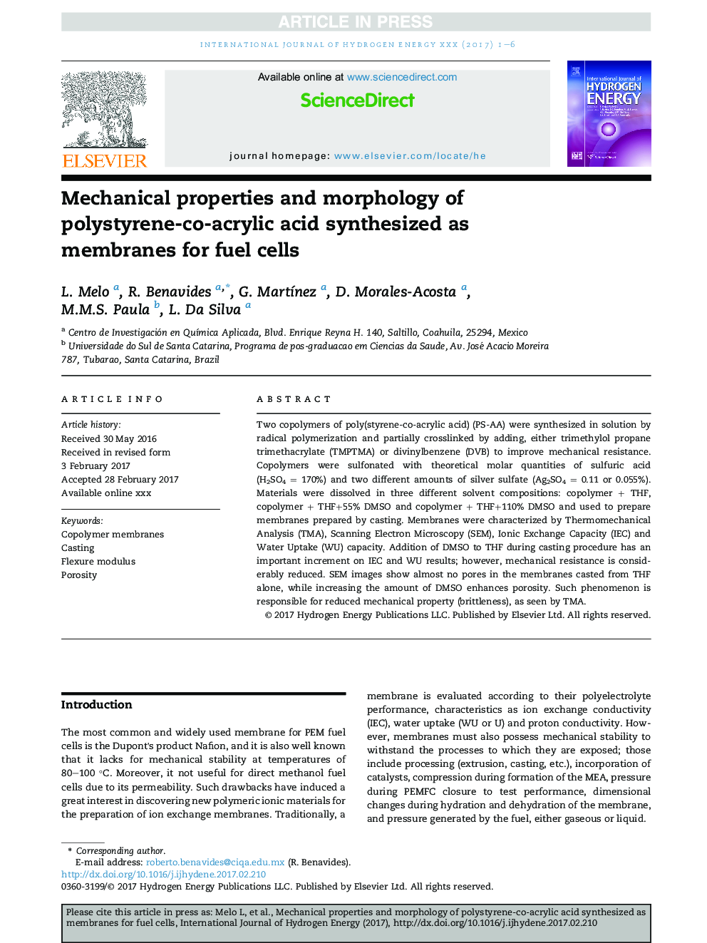 Mechanical properties and morphology of polystyrene-co-acrylic acid synthesized as membranes for fuel cells