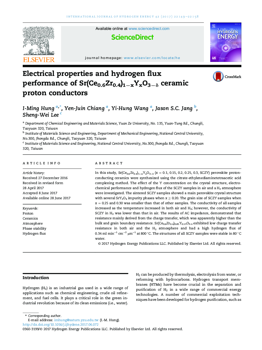 Electrical properties and hydrogen flux performance of Sr(Ce0.6Zr0.4)1âxYxO3âÎ´ ceramic proton conductors