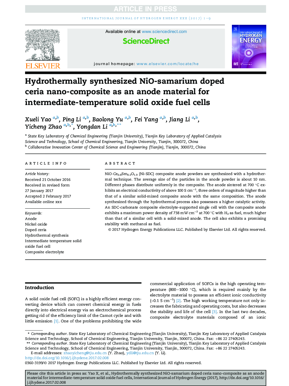 Hydrothermally synthesized NiO-samarium doped ceria nano-composite as an anode material for intermediate-temperature solid oxide fuel cells