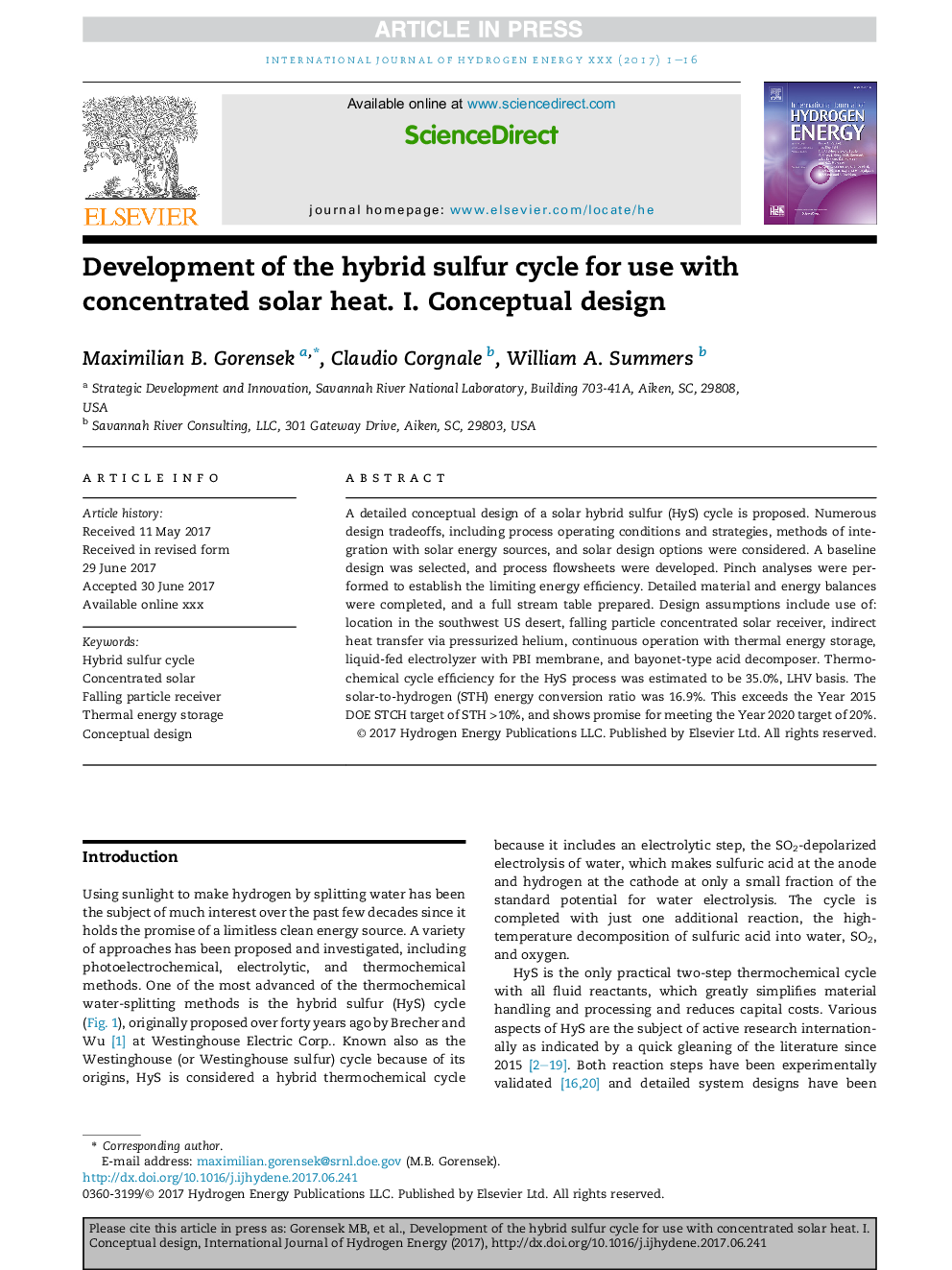 Development of the hybrid sulfur cycle for use with concentrated solar heat. I. Conceptual design