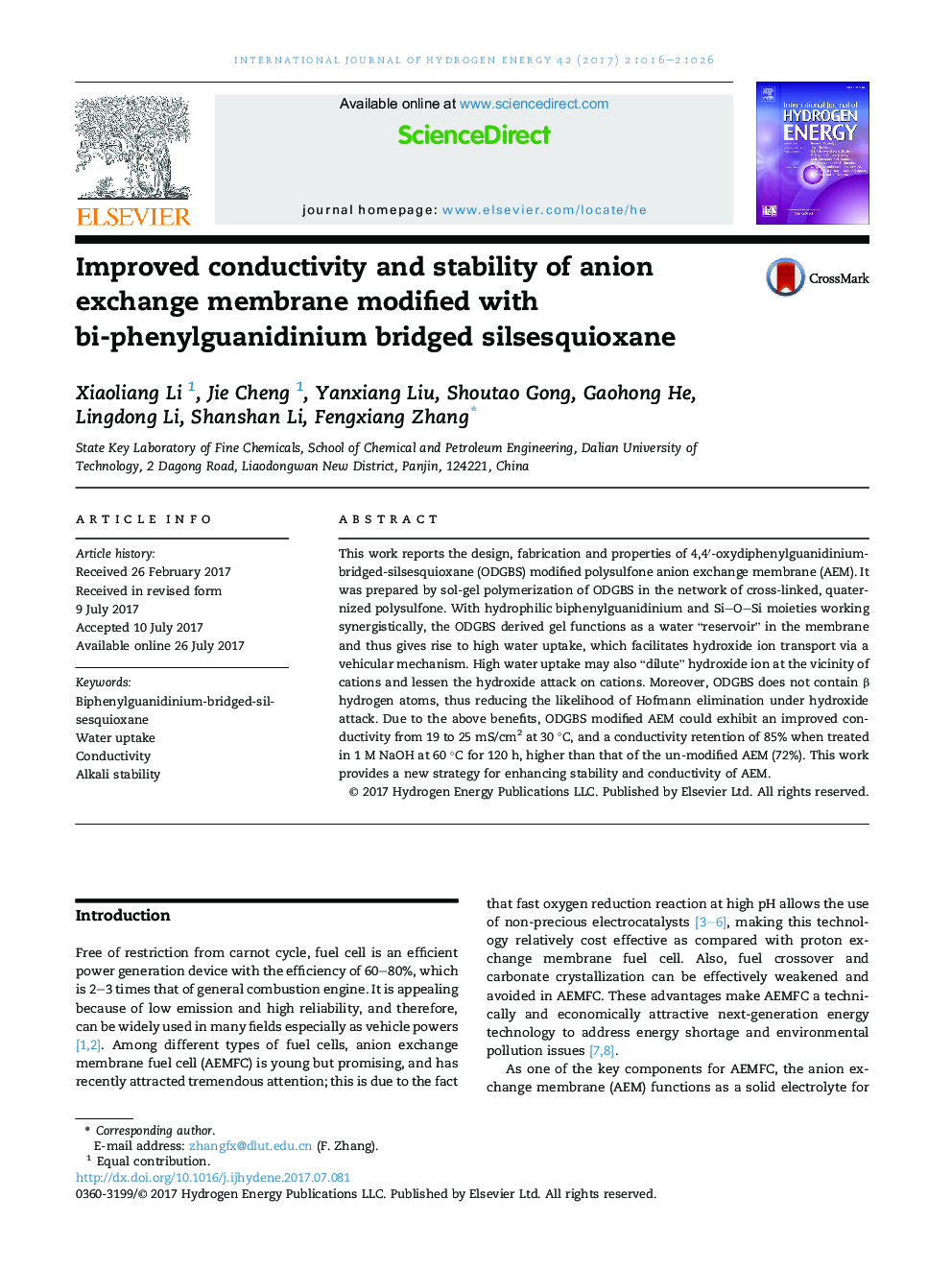 Improved conductivity and stability of anion exchange membrane modified with bi-phenylguanidinium bridged silsesquioxane