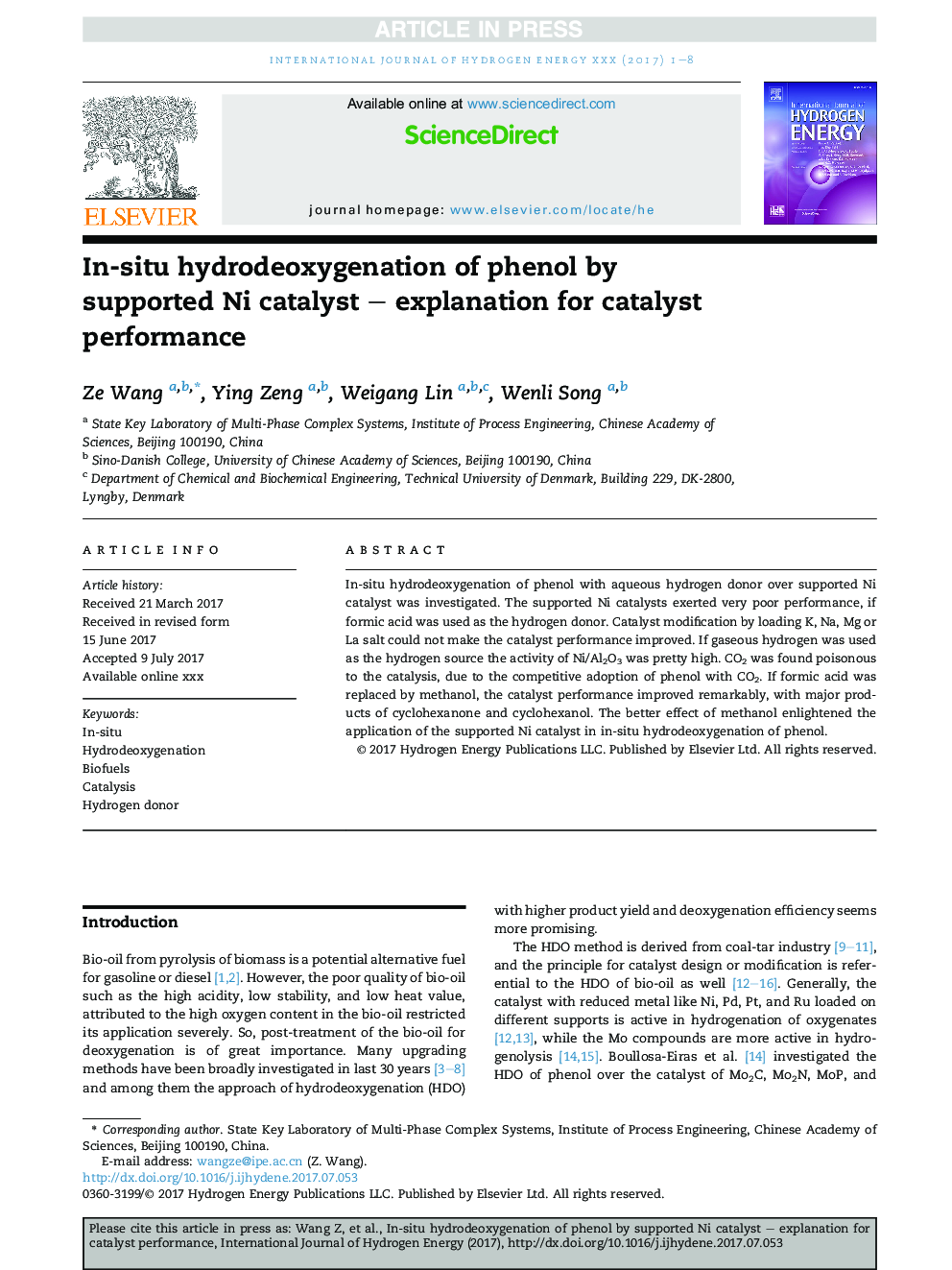 In-situ hydrodeoxygenation of phenol by supported Ni catalyst - explanation for catalyst performance