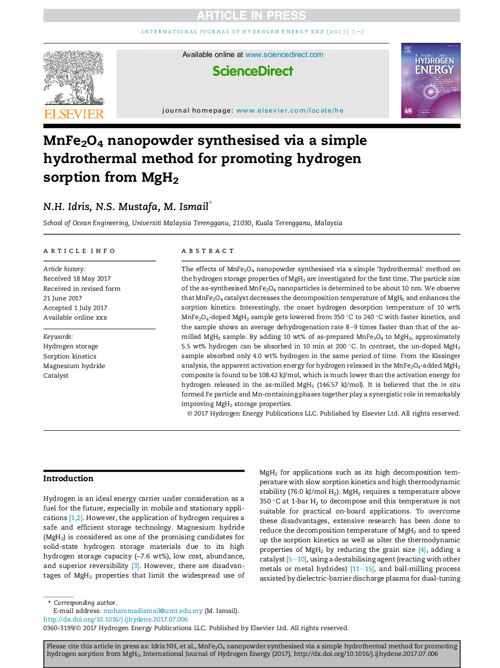 MnFe2O4 nanopowder synthesised via a simple hydrothermal method for promoting hydrogen sorption from MgH2