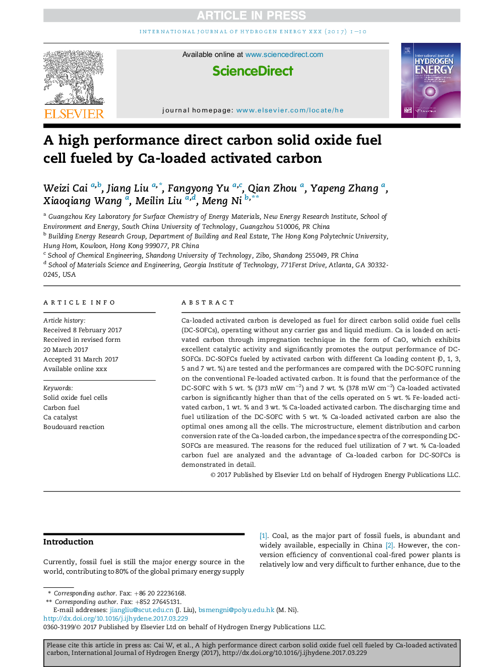 A high performance direct carbon solid oxide fuel cell fueled by Ca-loaded activated carbon