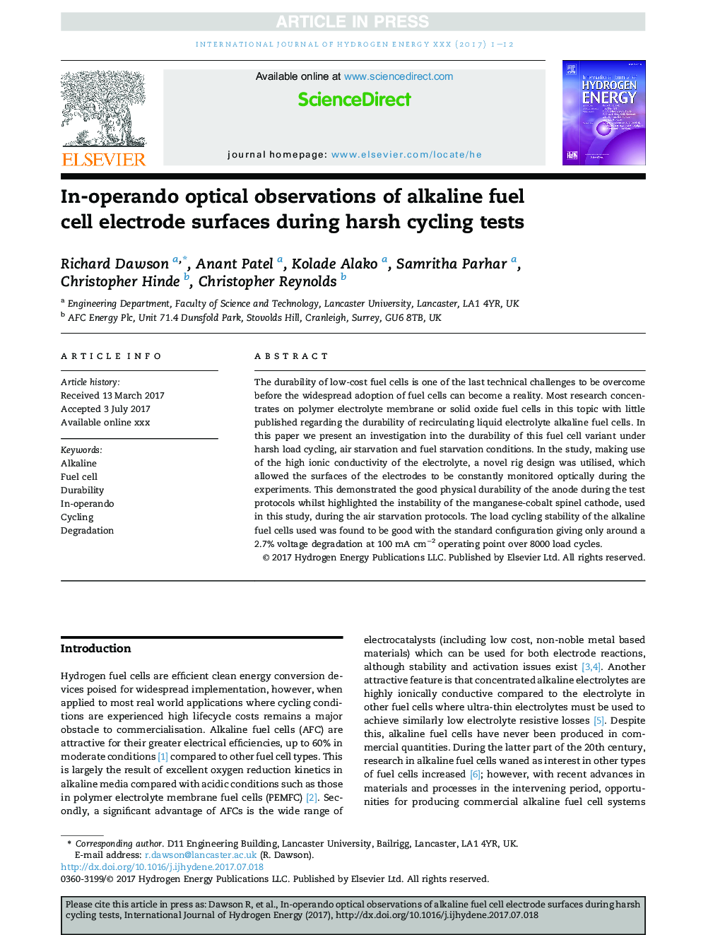 In-operando optical observations of alkaline fuel cell electrode surfaces during harsh cycling tests