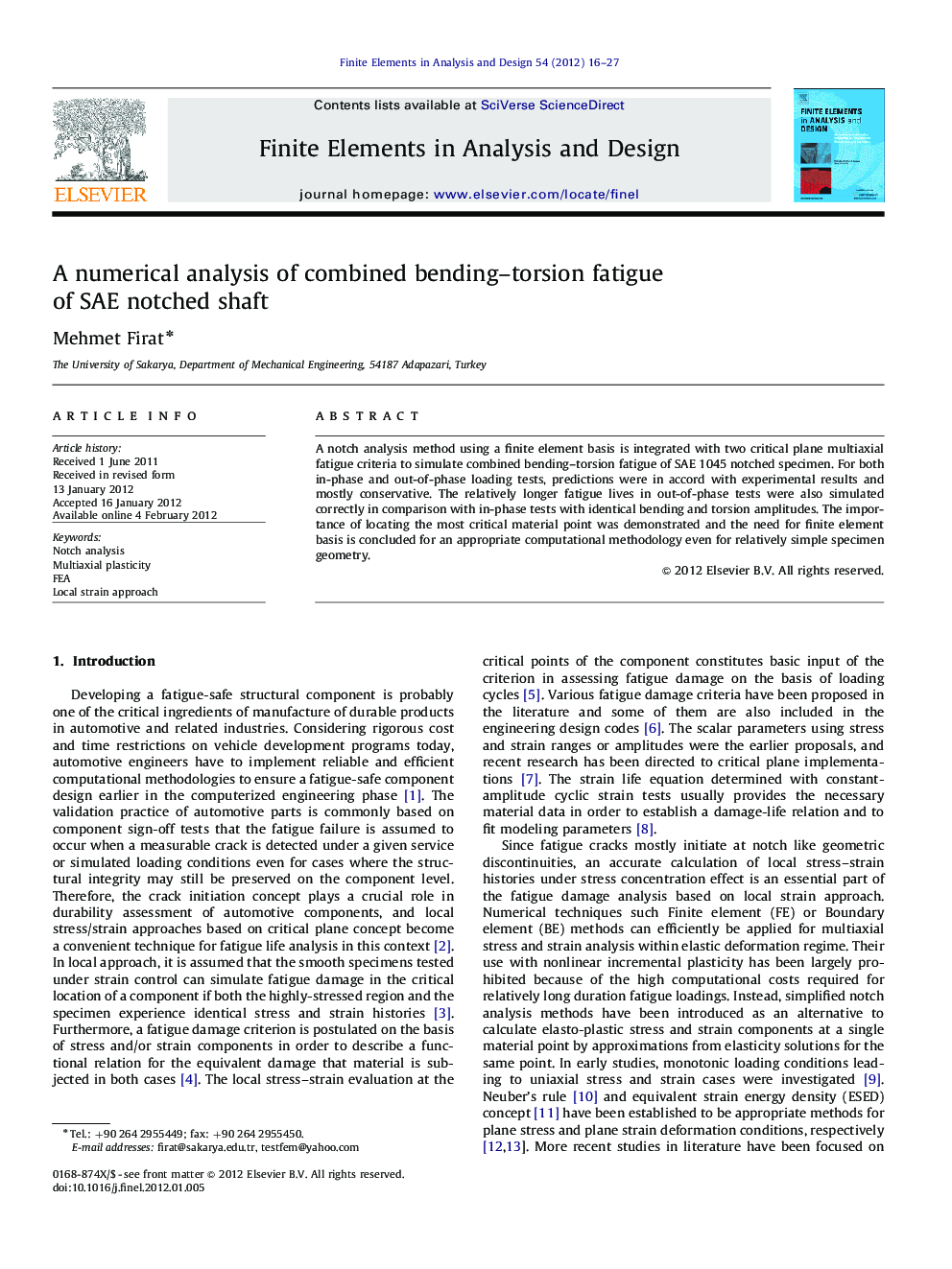 A numerical analysis of combined bending–torsion fatigue of SAE notched shaft