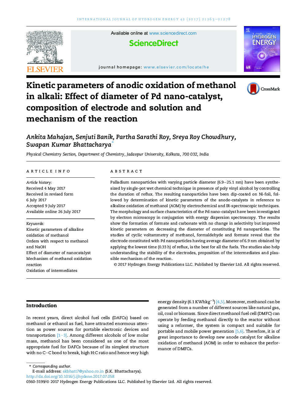 Kinetic parameters of anodic oxidation of methanol in alkali: Effect of diameter of Pd nano-catalyst, composition of electrode and solution and mechanism of the reaction