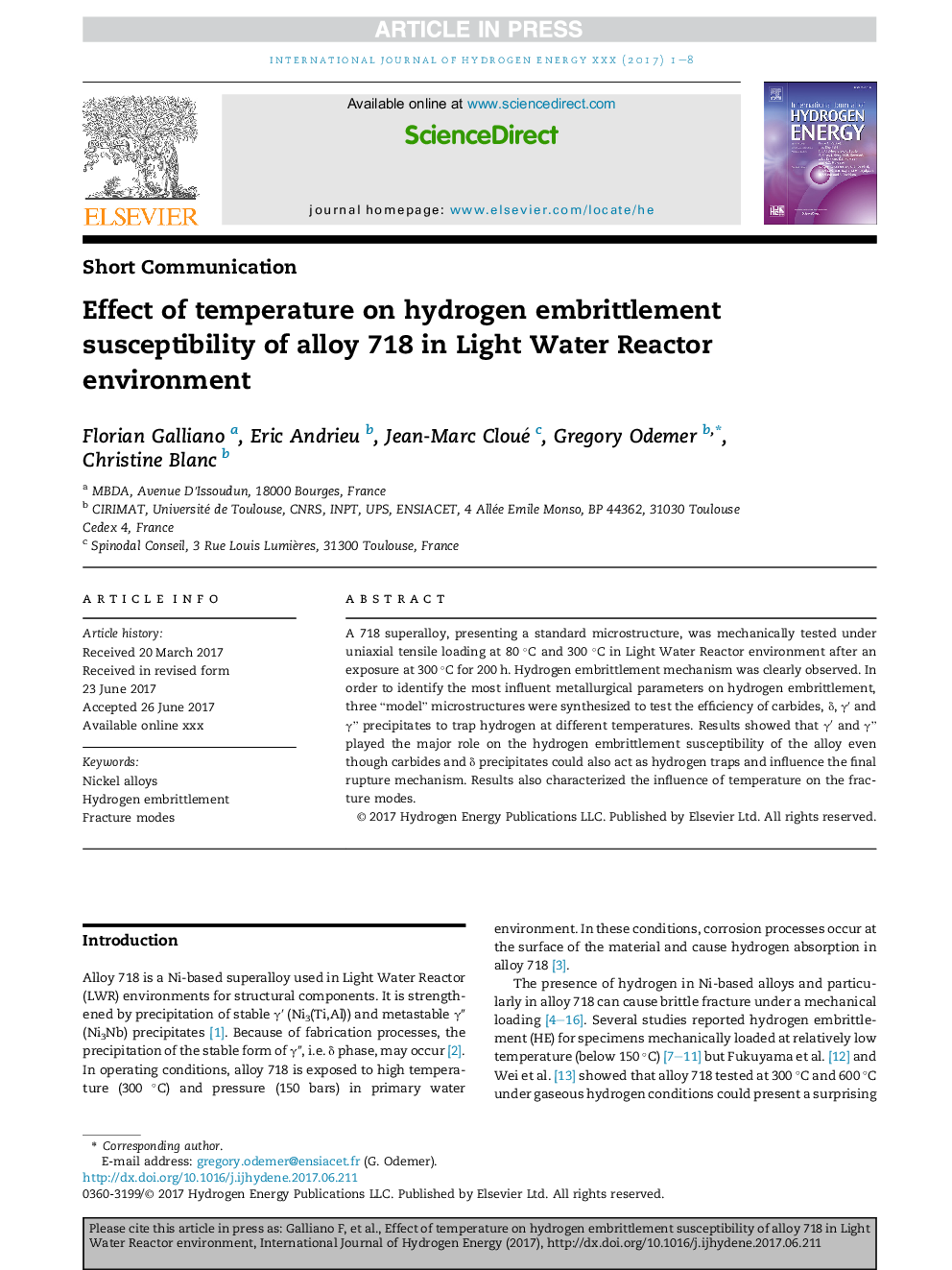 Effect of temperature on hydrogen embrittlement susceptibility of alloy 718 in Light Water Reactor environment