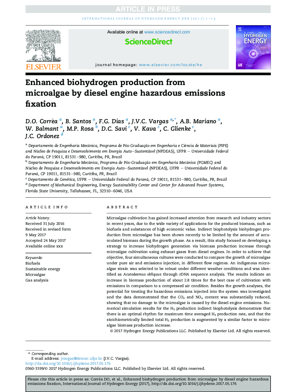 Enhanced biohydrogen production from microalgae by diesel engine hazardous emissions fixation