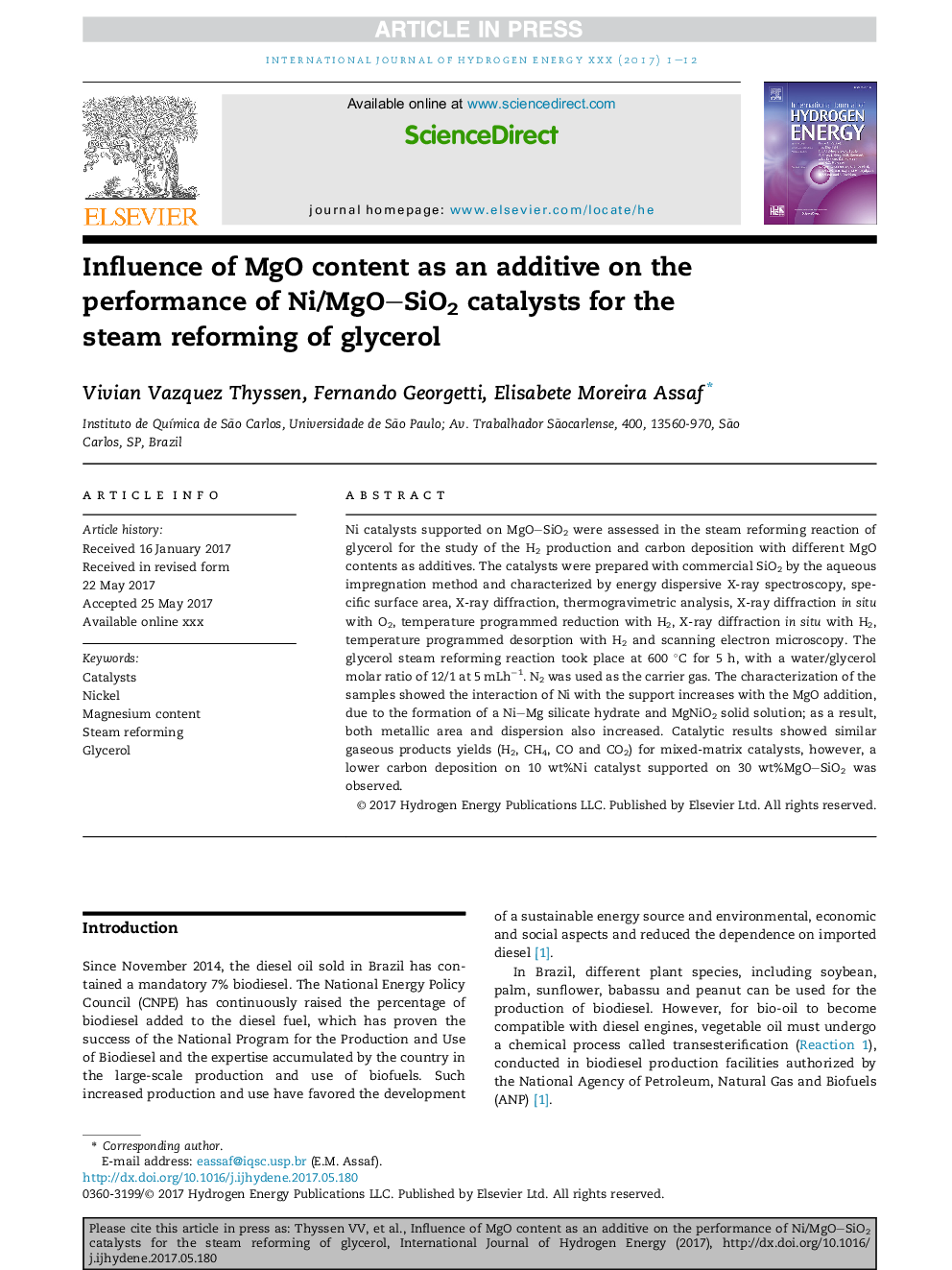 Influence of MgO content as an additive on the performance of Ni/MgOSiO2 catalysts for the steam reforming of glycerol