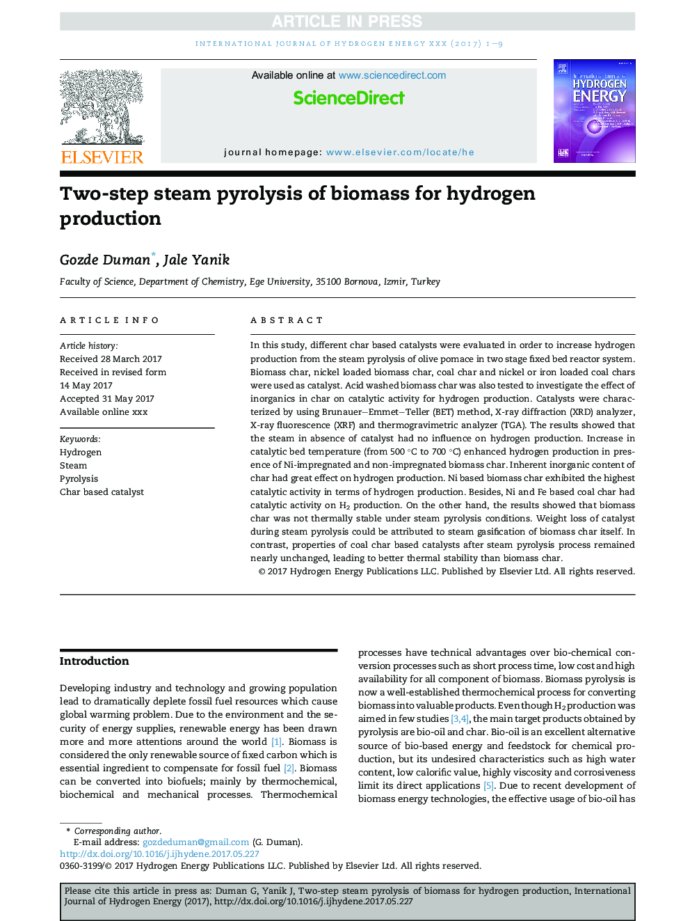 Two-step steam pyrolysis of biomass for hydrogen production