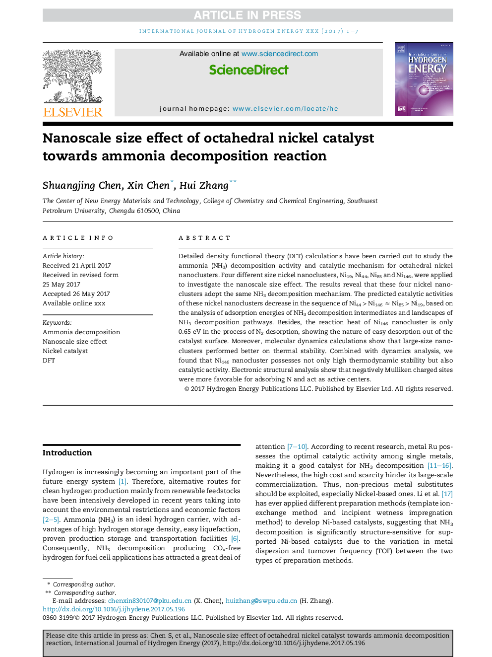 Nanoscale size effect of octahedral nickel catalyst towards ammonia decomposition reaction