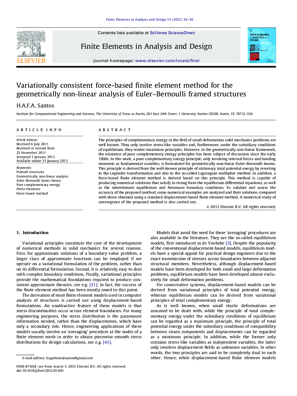 Variationally consistent force-based finite element method for the geometrically non-linear analysis of Euler–Bernoulli framed structures