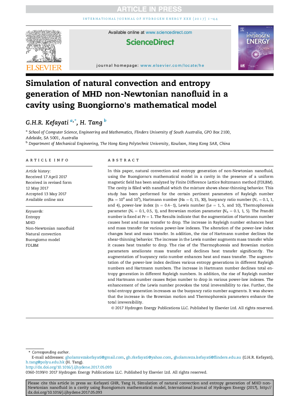 Simulation of natural convection and entropy generation of MHD non-Newtonian nanofluid in a cavity using Buongiorno's mathematical model