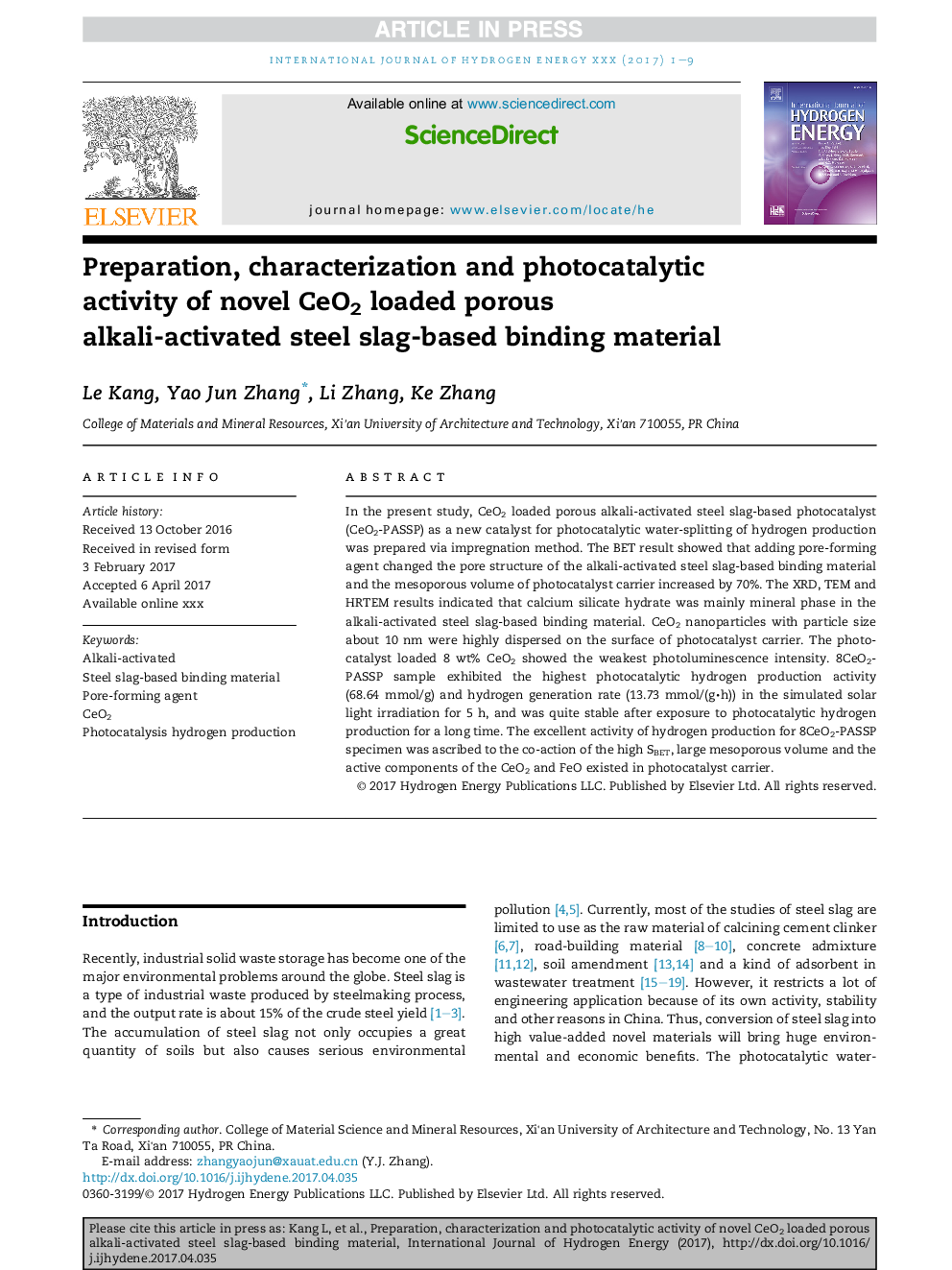 Preparation, characterization and photocatalytic activity of novel CeO2 loaded porous alkali-activated steel slag-based binding material