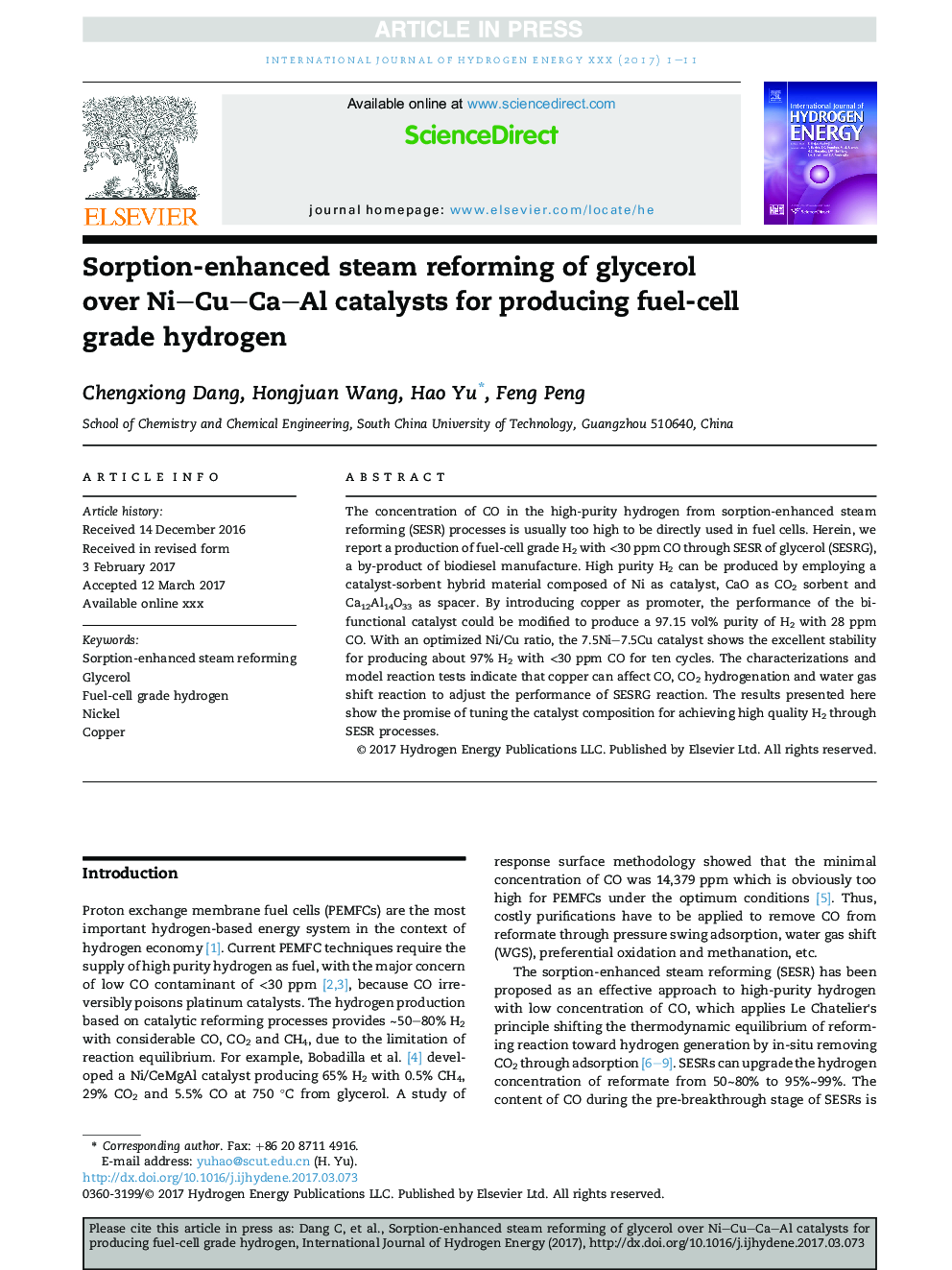 Sorption-enhanced steam reforming of glycerol over NiCuCaAl catalysts for producing fuel-cell grade hydrogen