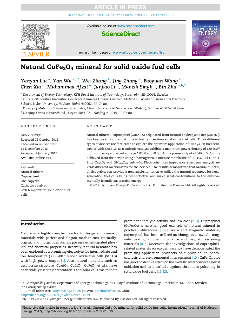 Natural CuFe2O4 mineral for solid oxide fuel cells