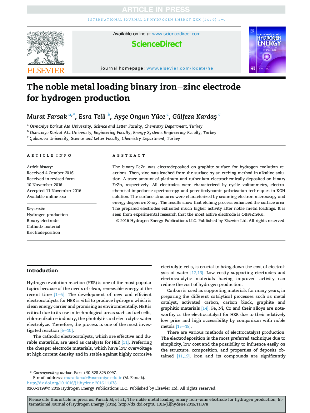 The noble metal loading binary iron-zinc electrode for hydrogen production