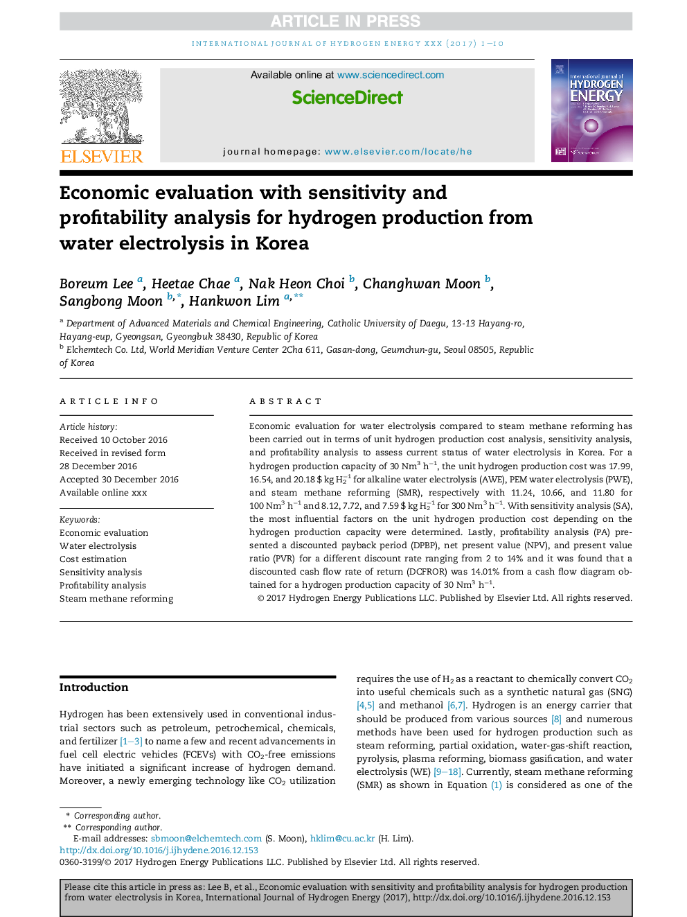 Economic evaluation with sensitivity and profitability analysis for hydrogen production from water electrolysis in Korea