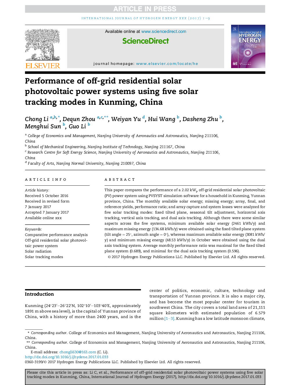 Performance of off-grid residential solar photovoltaic power systems using five solar tracking modes in Kunming, China