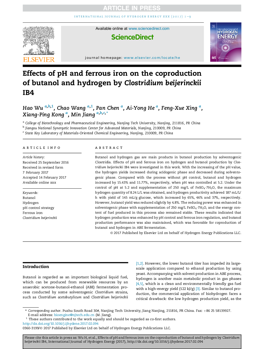 Effects of pH and ferrous iron on the coproduction of butanol and hydrogen by Clostridium beijerinckii IB4