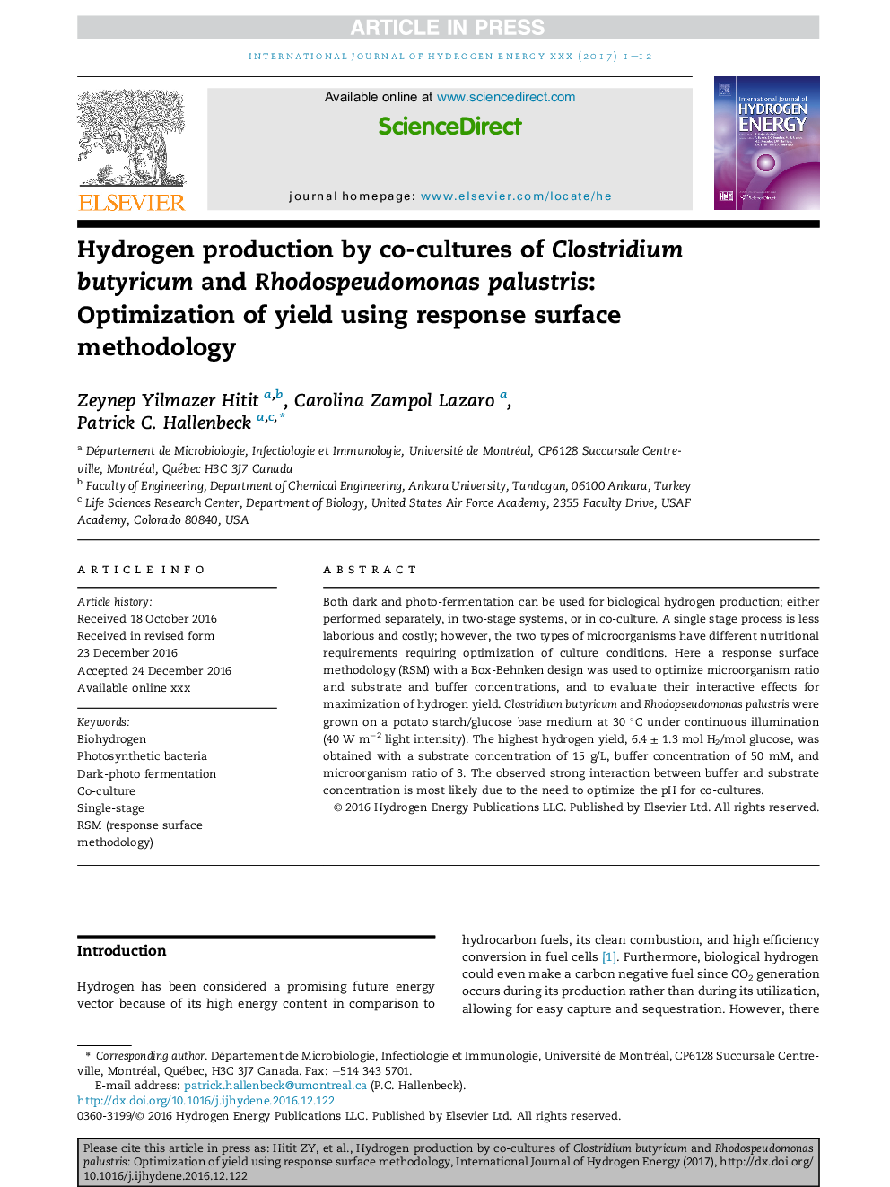 Hydrogen production by co-cultures of Clostridium butyricum and Rhodospeudomonas palustris: Optimization of yield using response surface methodology