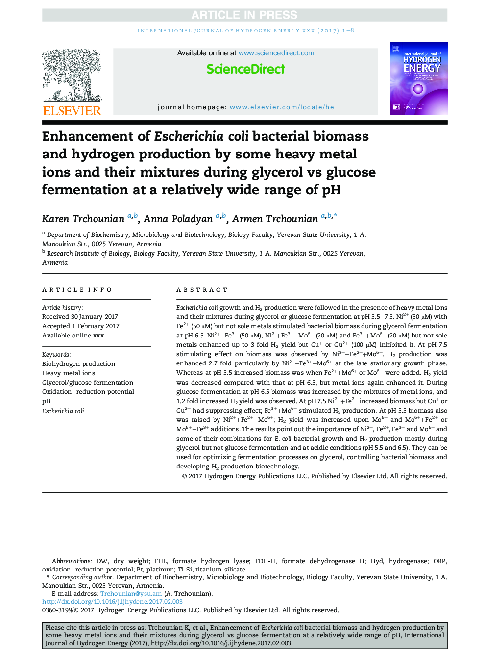 Enhancement of Escherichia coli bacterial biomass and hydrogen production by some heavy metal ions and their mixtures during glycerol vs glucose fermentation at a relatively wide range of pH