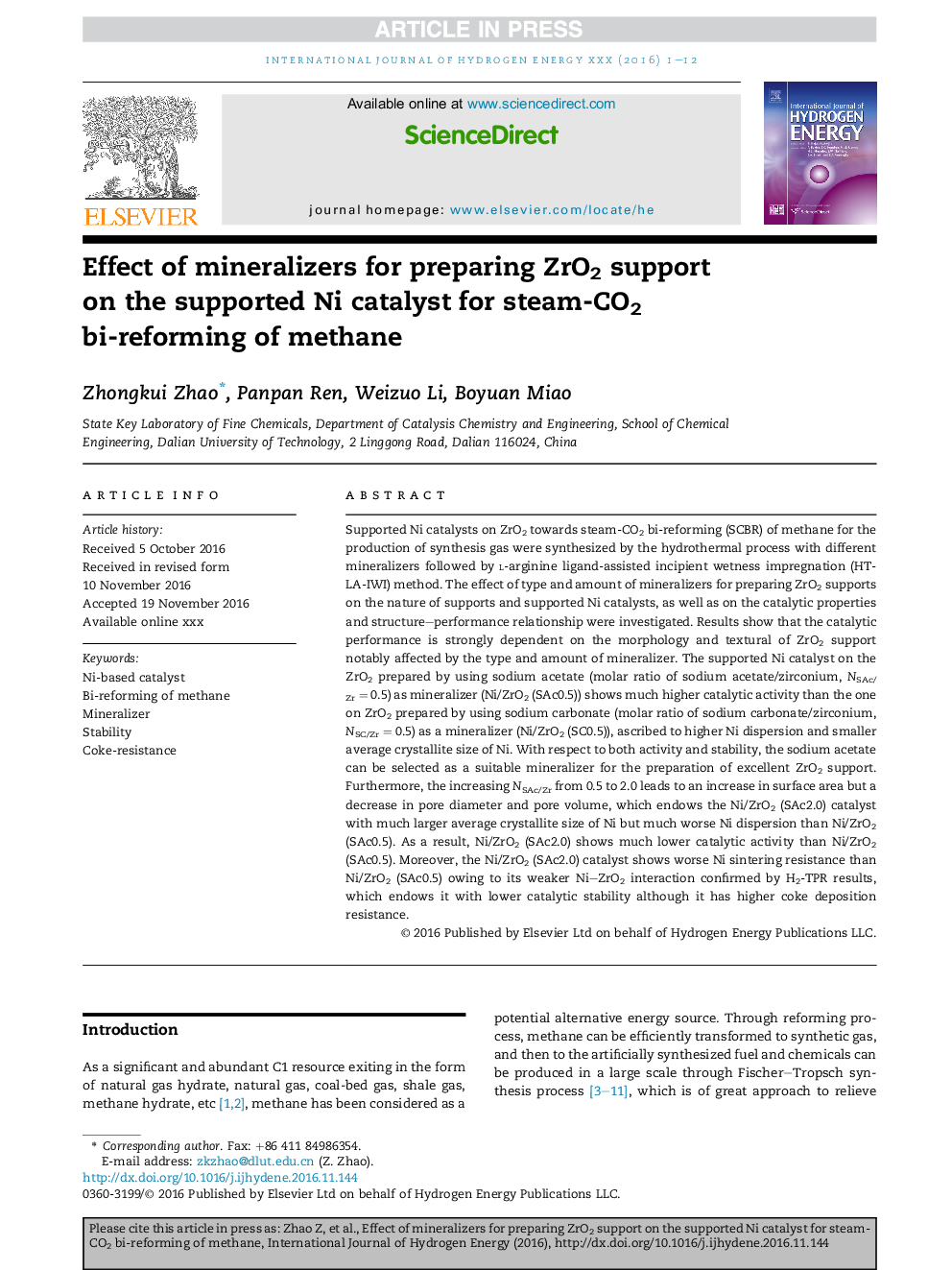 Effect of mineralizers for preparing ZrO2 support onÂ the supported Ni catalyst for steam-CO2 bi-reforming of methane