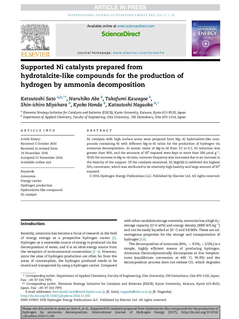 Supported Ni catalysts prepared from hydrotalcite-like compounds for the production of hydrogen by ammonia decomposition