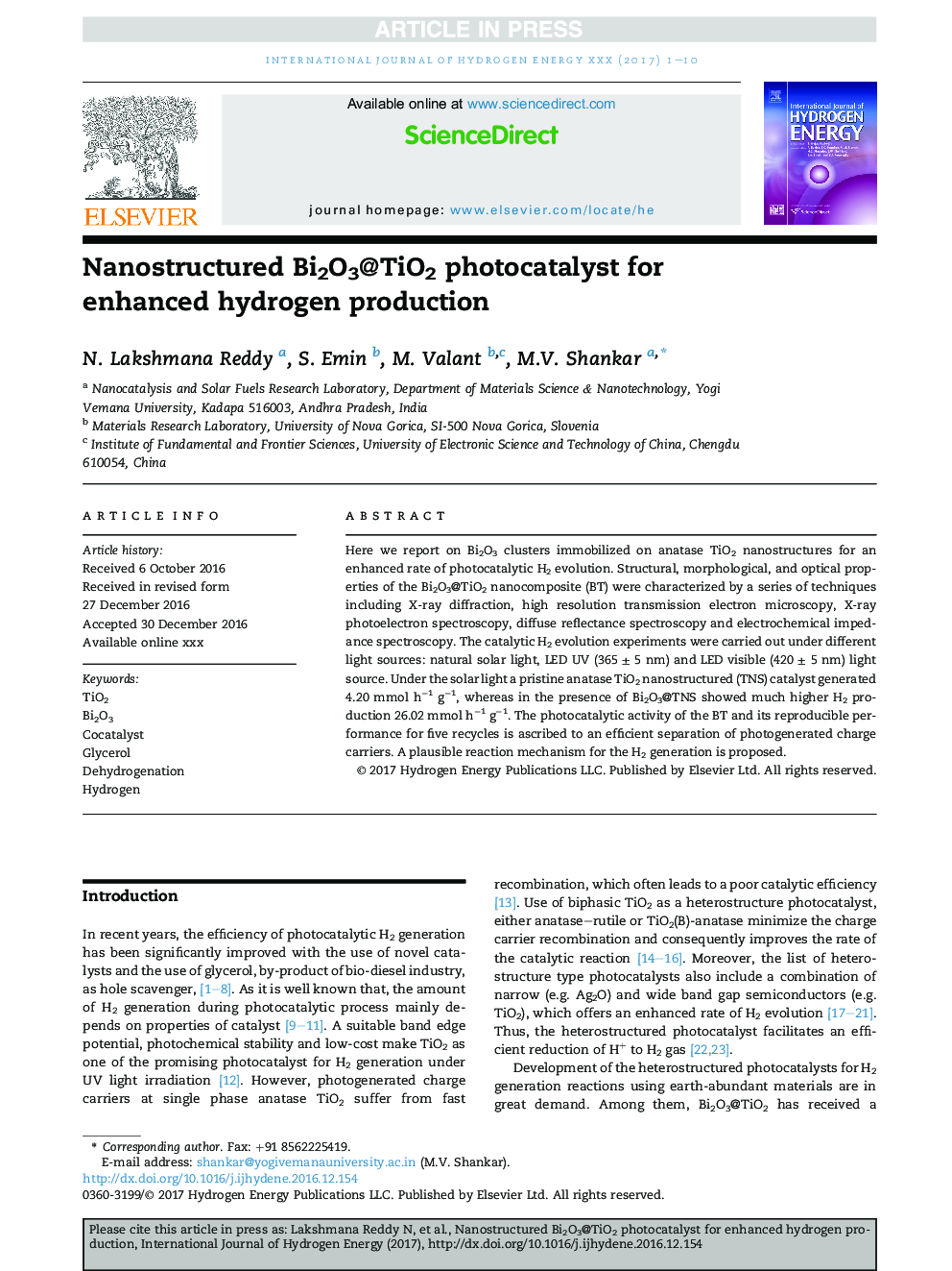 Nanostructured Bi2O3@TiO2 photocatalyst for enhanced hydrogen production