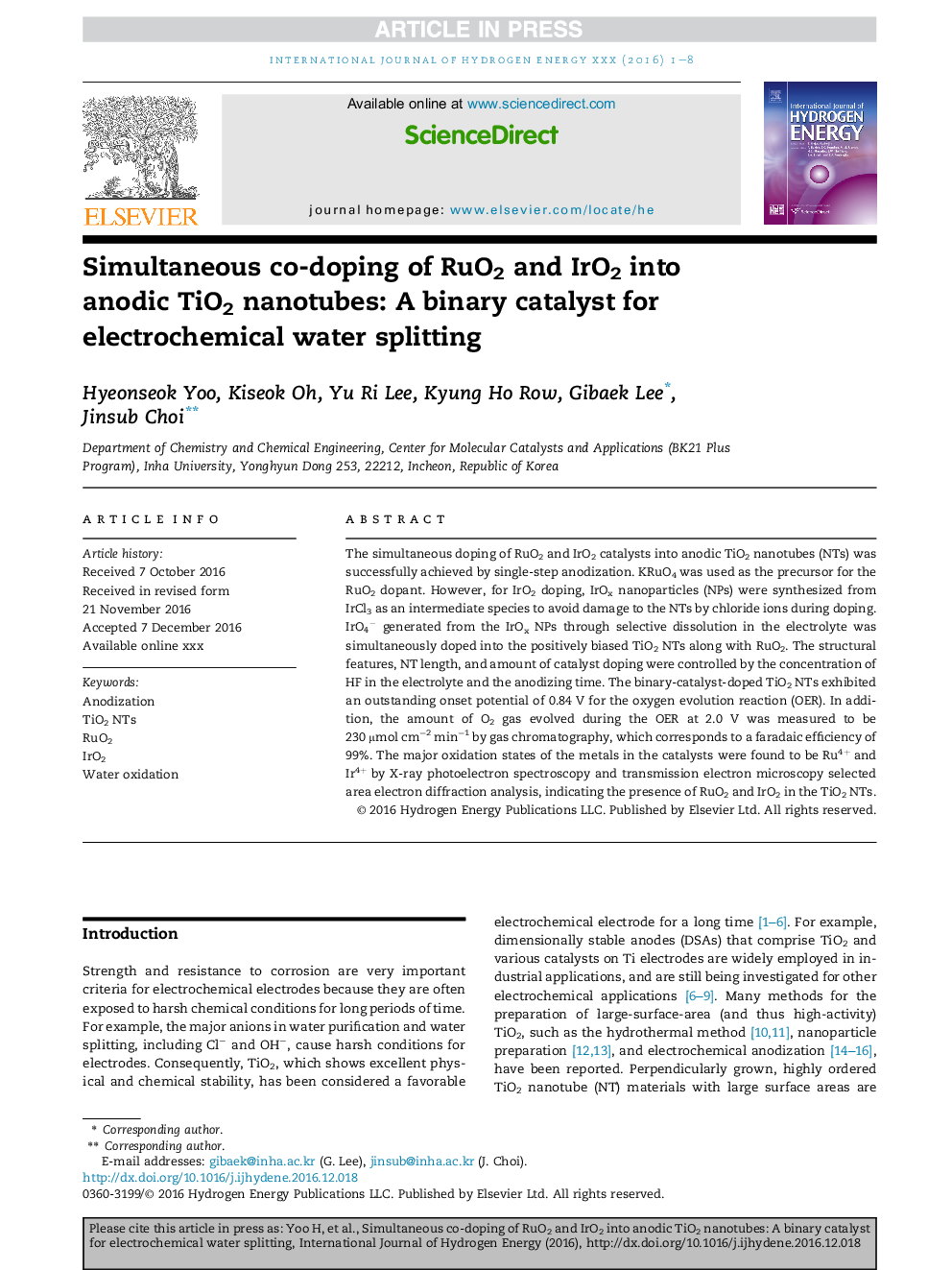 Simultaneous co-doping of RuO2 and IrO2 into anodic TiO2 nanotubes: A binary catalyst for electrochemical water splitting