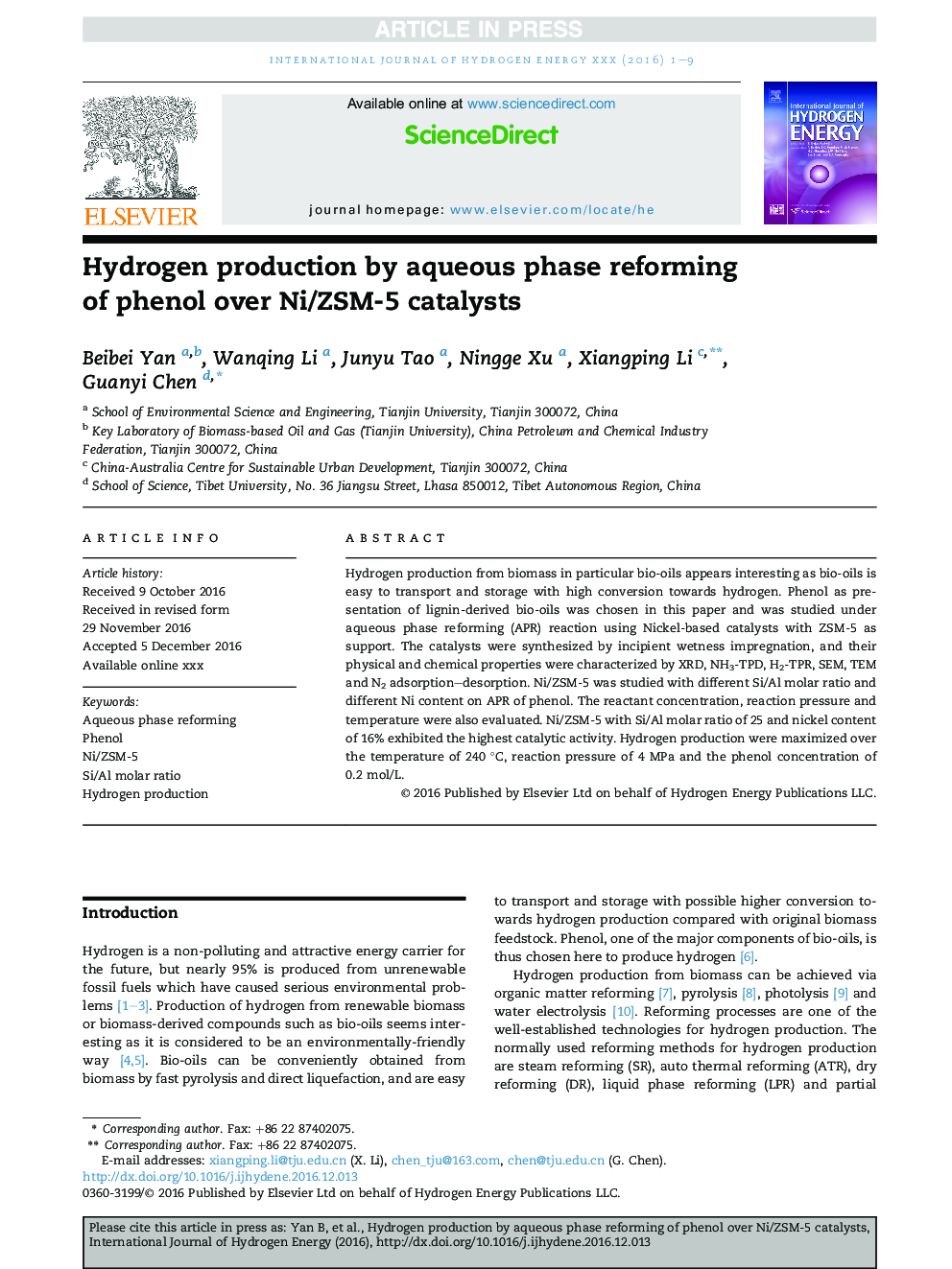 Hydrogen production by aqueous phase reforming of phenol over Ni/ZSM-5 catalysts