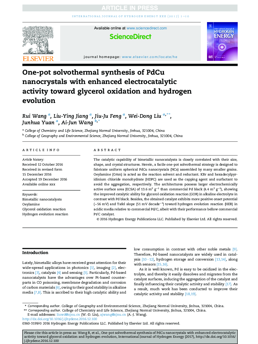 One-pot solvothermal synthesis of PdCu nanocrystals with enhanced electrocatalytic activity toward glycerol oxidation and hydrogen evolution