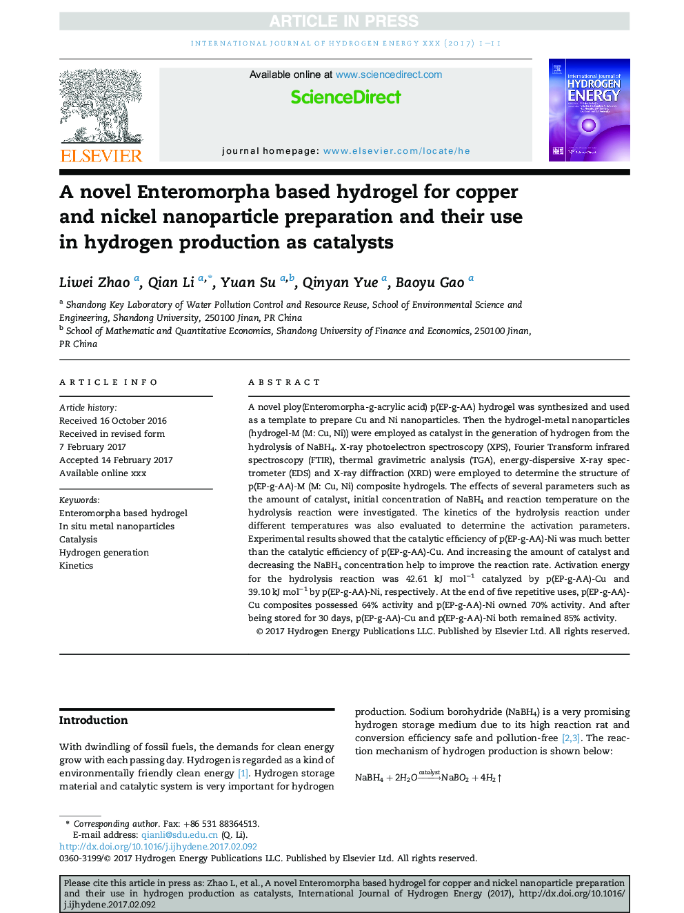 A novel Enteromorpha based hydrogel for copper and nickel nanoparticle preparation and their use in hydrogen production as catalysts