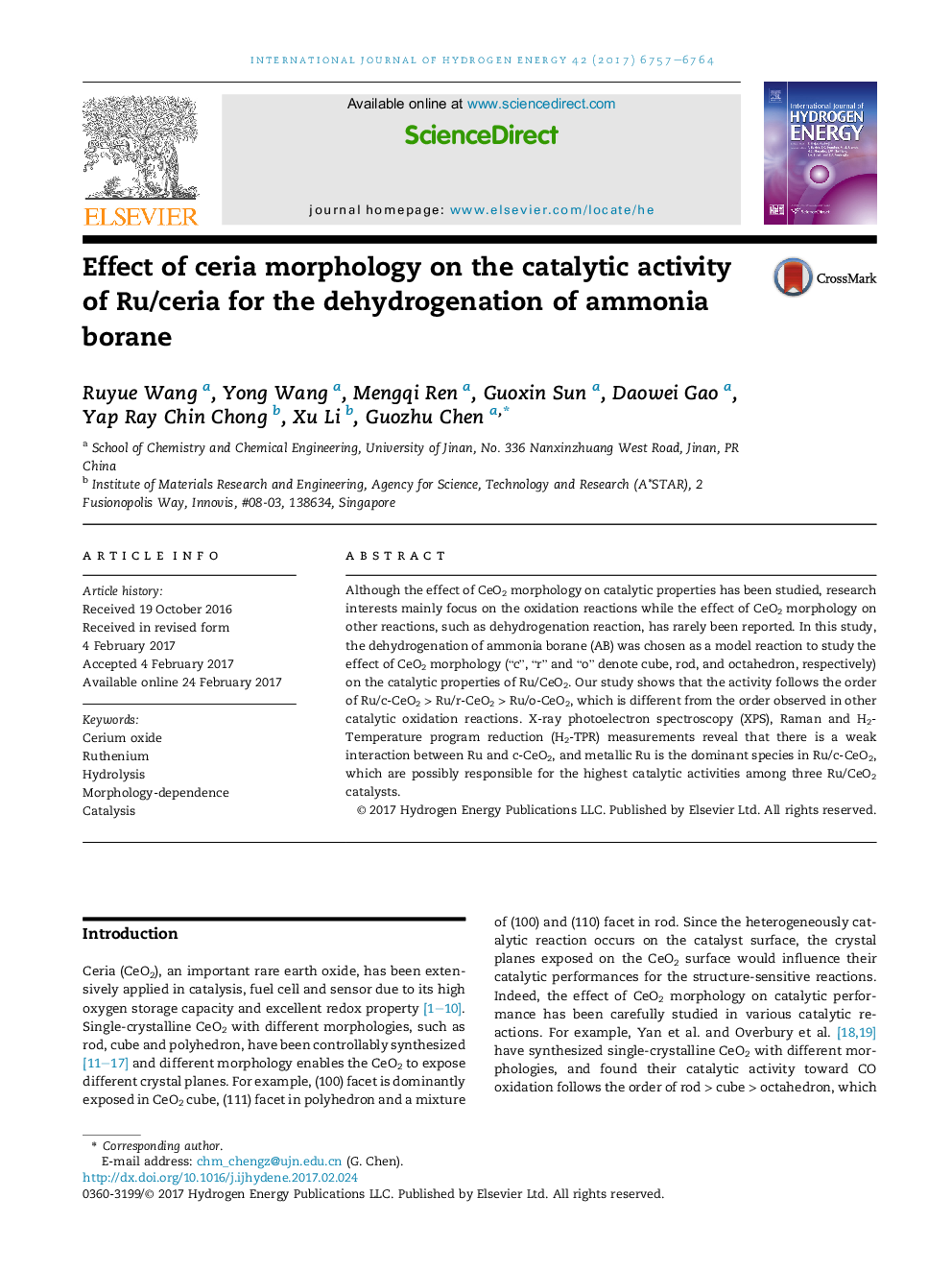 Effect of ceria morphology on the catalytic activity of Ru/ceria for the dehydrogenation of ammonia borane