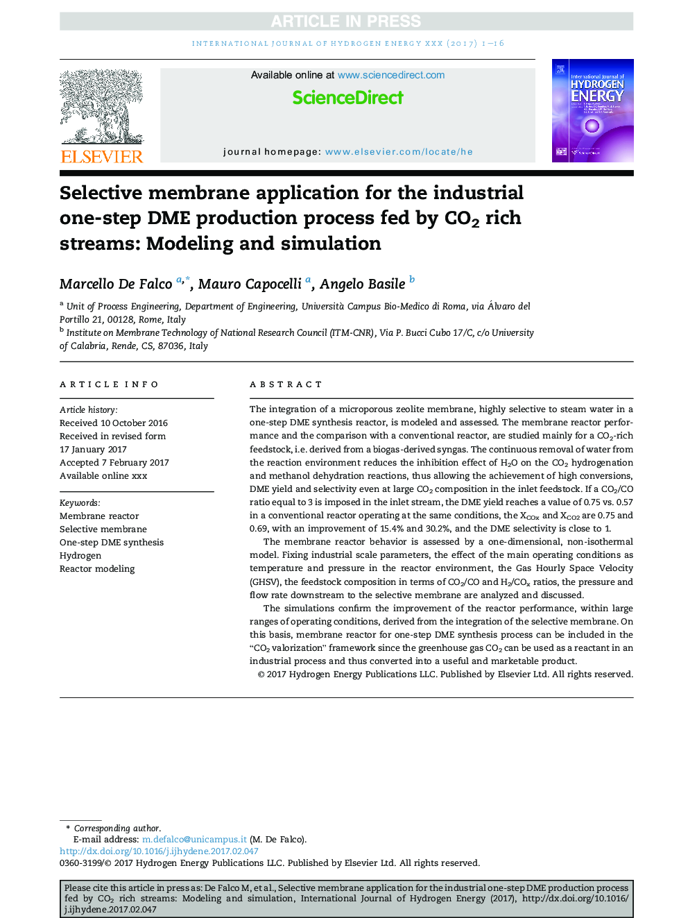 Selective membrane application for the industrial one-step DME production process fed by CO2 rich streams: Modeling and simulation